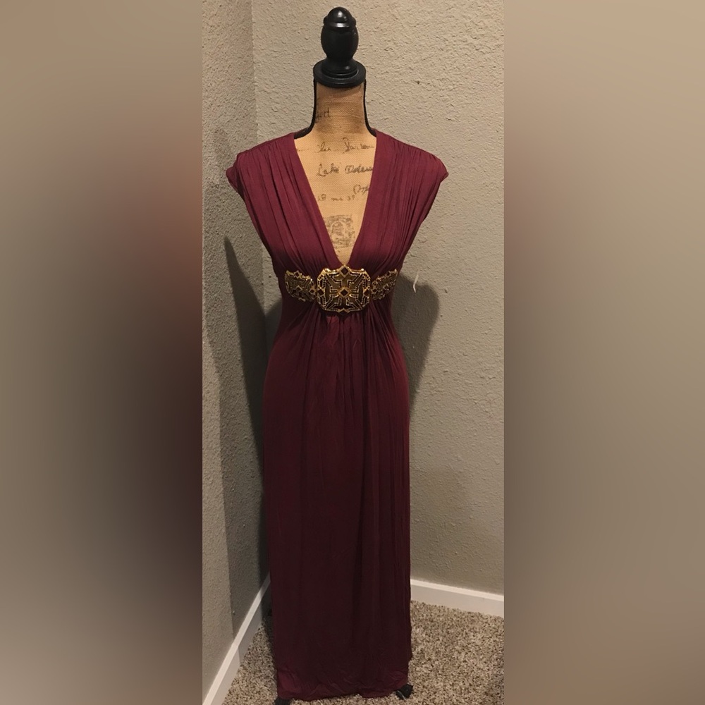 Elegant SKY Burgundy Dress with Gold Accents NWOT